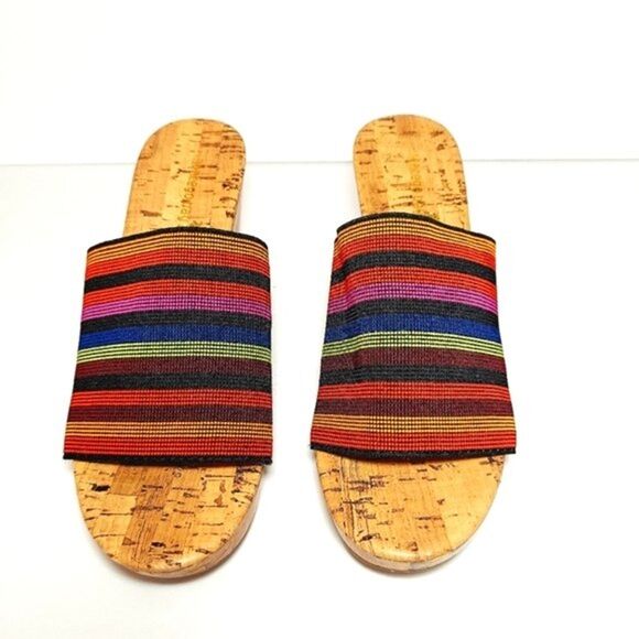 MONTEGO Bay Womens Size 6.5 Wedge Sandal Striped Rainbow Slip On Heel Colorful - Picture 10 of 11